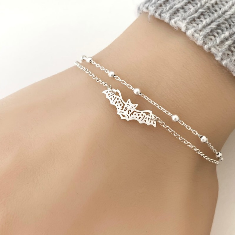 

1pc Bohemian Style Silvery Bat Bracelet - Double Layered Chain With Adjustable Clasp - Chic Accessory For Women