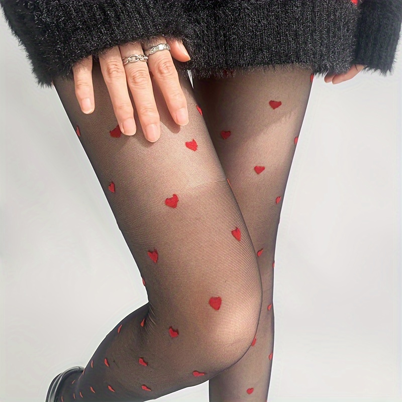 

1 Pair Women's Heart Pattern Mesh Pantyhose, Elegant Semi-sheer Tights, Durable Fashion Hosiery For Outfit Accessory