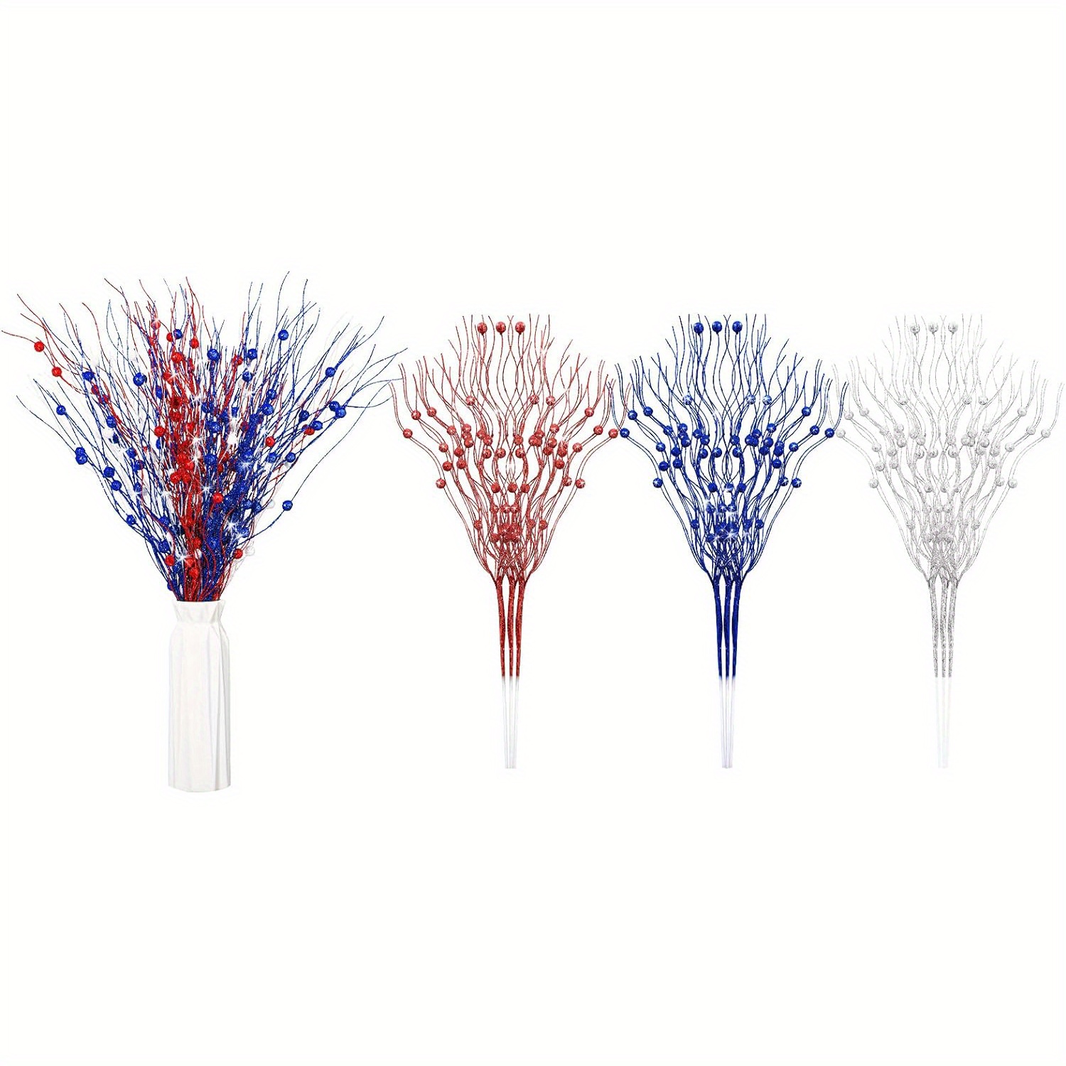 

9pcs Artificial Glitter Berry Stem White Blue For 4th Of July Independence Day Memorial Day, Berry Branches Decoration For Home Office Doors