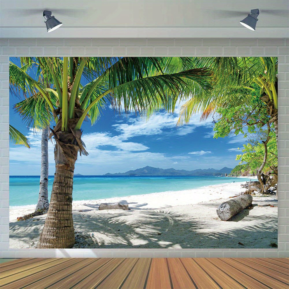 

1pc, Summer Beach Photography Backdrop, Vinyl Hawaiian Palm Trees Blue Sky White Clouds Photo Beach Theme Birthday Party Home Wall Decoration Banner Photo Booth Props
