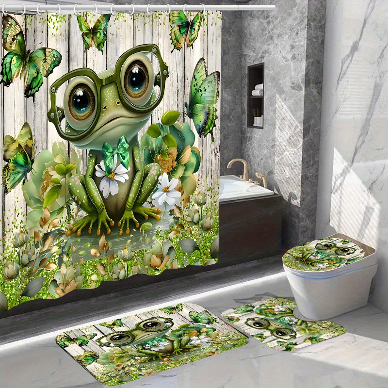 

1/4pcs Cute Frog Pattern Shower Curtain Set, Waterproof Shower Curtain With Non-slip Rug, Toilet Lid Cover, And Bath Mat, Easy Install With C-type Hooks, Bathroom Decor Accessories