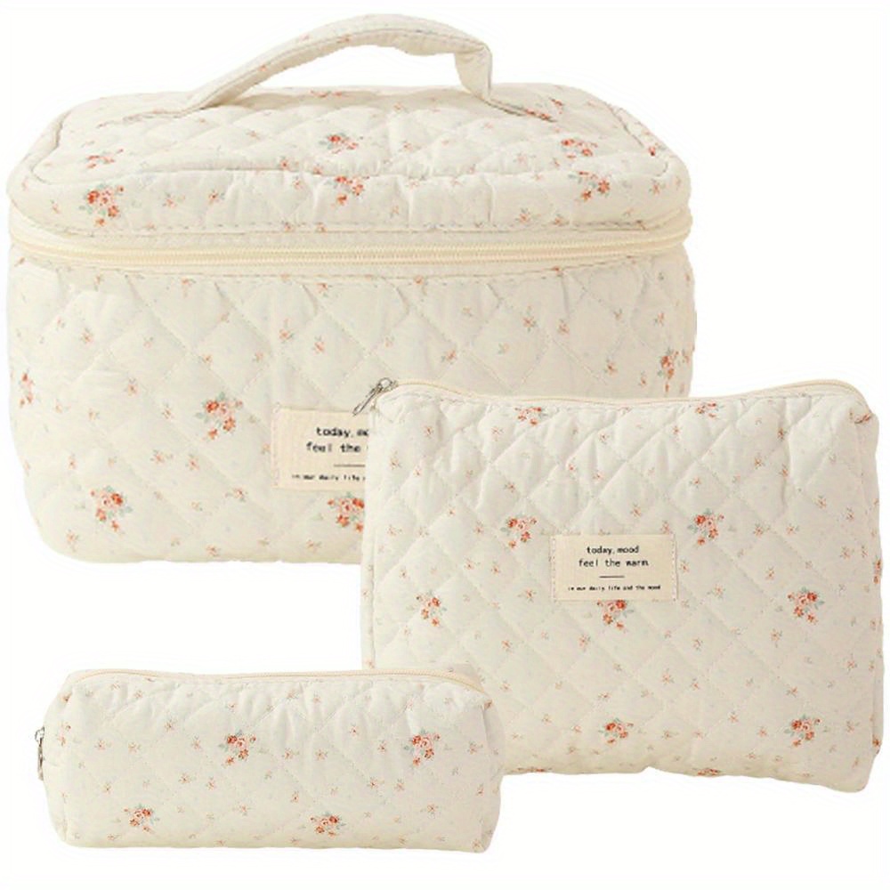 

3 Pc Cotton Quilted Makeup Bag Set, Floral Cotton Cosmetic Bag Cotton Quilted Makeup Bag Set For Women Aesthetic Cosmetic Bag Cute Travel Organizer (b)