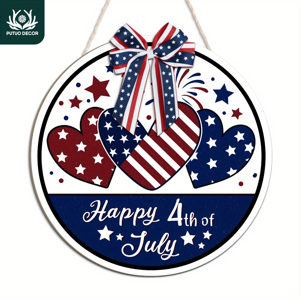 

1pc Happy 4th Of July Front Door Decoration, Wood Wreaths Hanging Sign Decor For Home Farmhouse Porch Cafe Coffee Shop, 11.8 X 11.8 Inches Independence Day 4th Of July Gift