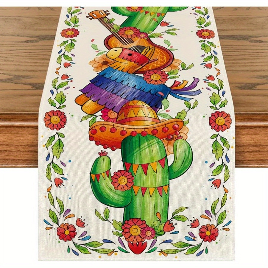 

1pc, Table Runner, Vibrant Cactus With Guitar, Sombrero Hats, Donkey & Pinata Linen Table Runner, 13x72inch/33x183cm, Colorful Dining Decor For Mexican Fiesta, Home & Party Decoration