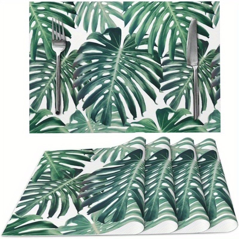 

4pcs, Placemats, Tropical Monstera Leaves Cloth Placemats, Woven Linen Rectangular Fabric Table Mats For Dining Room And Outdoor Use, Room Decor