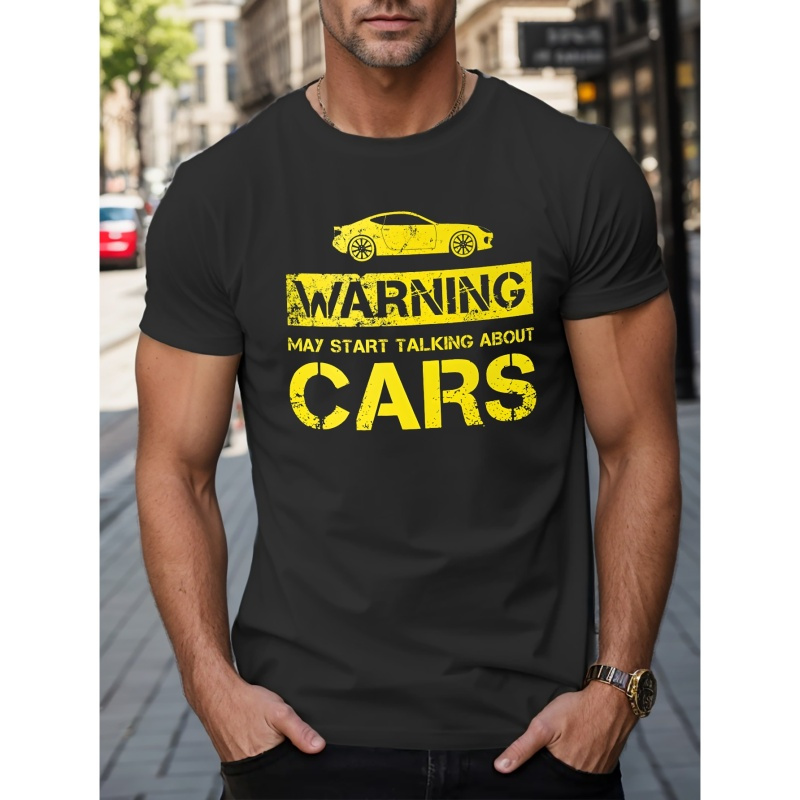 

Warning Letter And Car Graphic Print Men's Creative Top, Casual Short Sleeve Crew Neck T-shirt, Men's Clothing For Summer Outdoor