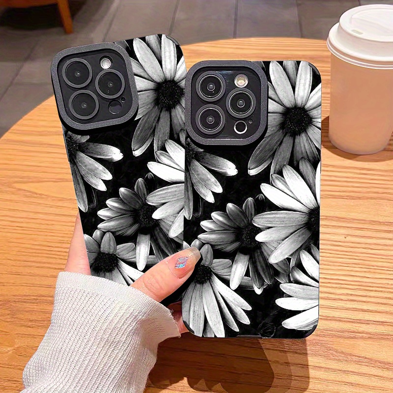 

Luxury Artificial Leather Shockproof Black Daisy Pattern Phone Case, Suitable For Iphone 11 12 13 14 15 Pro Max Mini For X Xs Max Xr 7 8 Plus 7p 8p