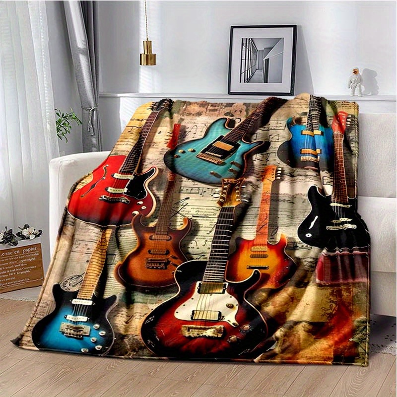 

1pc Vintage Guitar, Fashionable Plush All Year Round, Lightweight, Warm And Comfortable Flannel Blanket, Living Room, Bedroom, Bed, Sofa, Picnic Blanket, Bed Chair, Car Travel, Rest Blanket