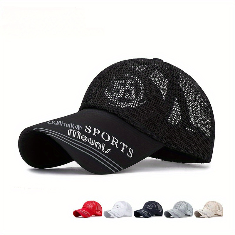 

Extended Brim Sun Protection Baseball Cap, Summer Outdoor Sports Breathable Mesh Trucker Hat With Sports Print, Adjustable Headwear