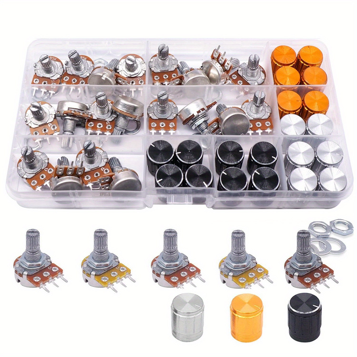 

60pcs Potentiometer Kit With Aluminum Alloy Knobs - B5k To B100k Ohm, Linear Taper For Audio & Electronics, Includes Nuts, Washers - Assorted Colors