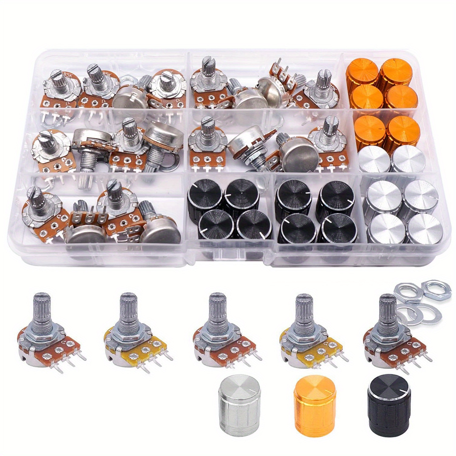 

Kit de Potentiomètres de 60 Pièces avec Boutons en Alliage d'Aluminium - B5K à B100K Ohm, Taper Linéaire pour Commandes Audio et Guitare, Inclut Écrous, Rondelles - Construction Métallique Durable