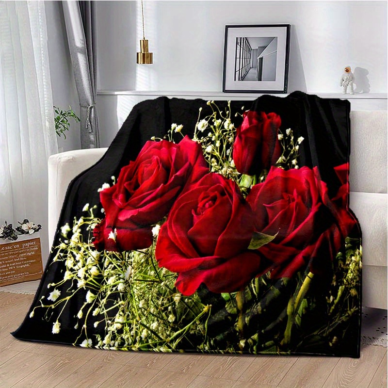 

1pc Red Rose Print Love Comfortable Soft Blanket Family Living Room Plush Sleeping Blanket Outdoor Travel Camping Bed Sheet Cover Blanket For Car/car Interior Blanket