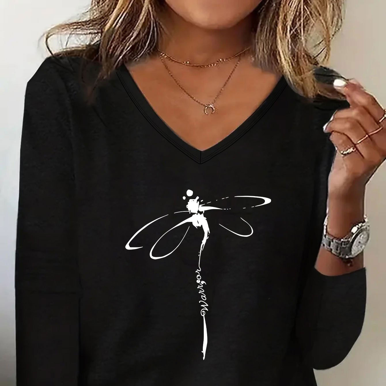 

Dragonfly Print T-shirt, Long Sleeve V Neck Casual Top For Spring & Fall, Women's Clothing