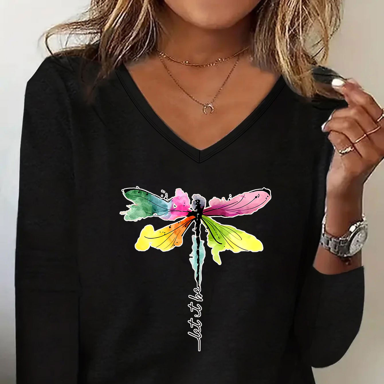 

Dragonfly Print T-shirt, Long Sleeve V Neck Casual Top For Spring & Fall, Women's Clothing