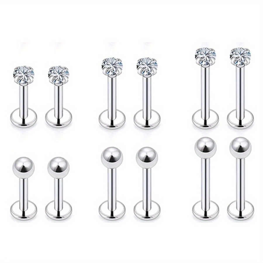 12pcs Surgical Steel CZ Zirconia Lip Stud Bar Earring Set
