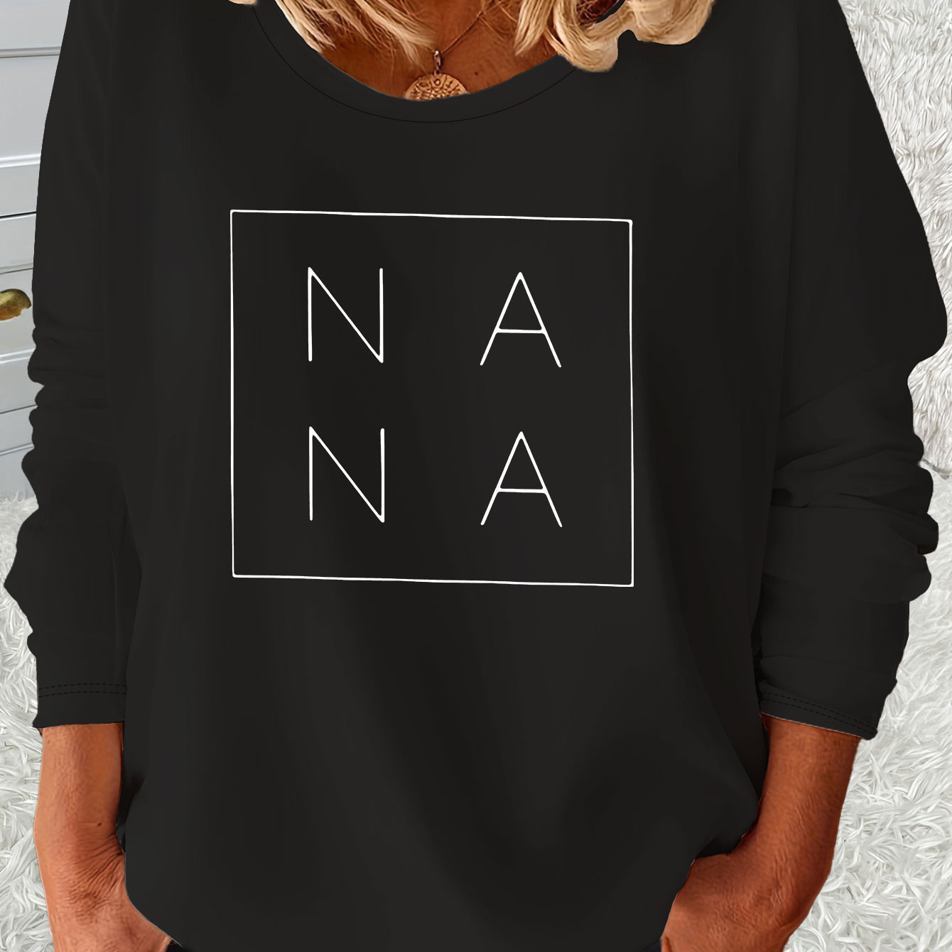 

'nana' Letter Print Lounge Top For Mother's Day, Casual Long Sleeve Round Neck T-shirt, Women's Loungewear