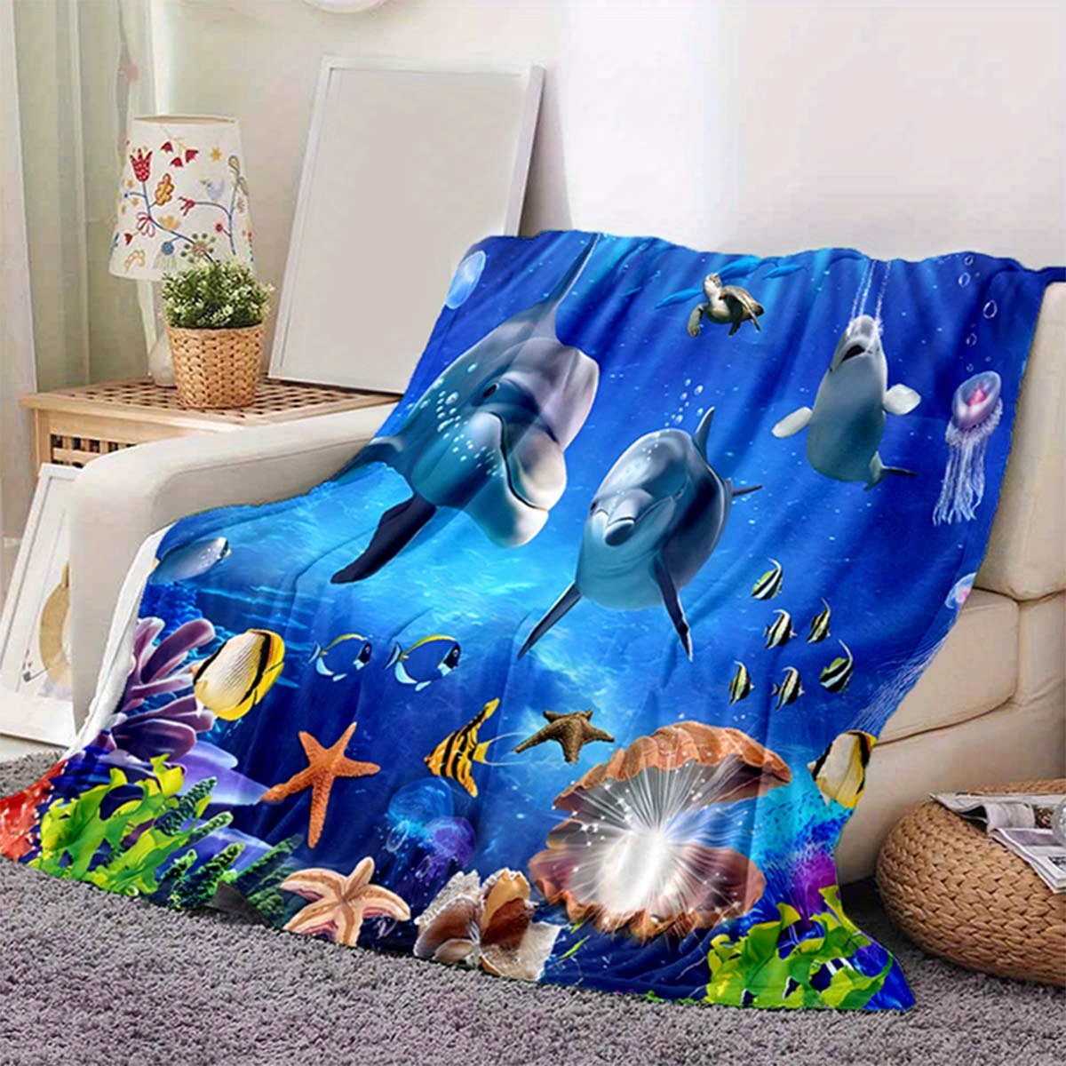 

1pc Ocean Dolphin Soft Flannel Throw Blanket For Living Room Bedroom Bed Sofa Picnic Cover Decor Napping Rv Couch Chair Cover