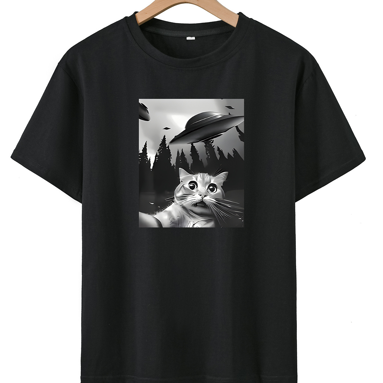

Kitten & Ufo Print, Teen Boys Creative T-shirt, Comfy Crew Neck Casual Tee Top, Trendy Summer Top