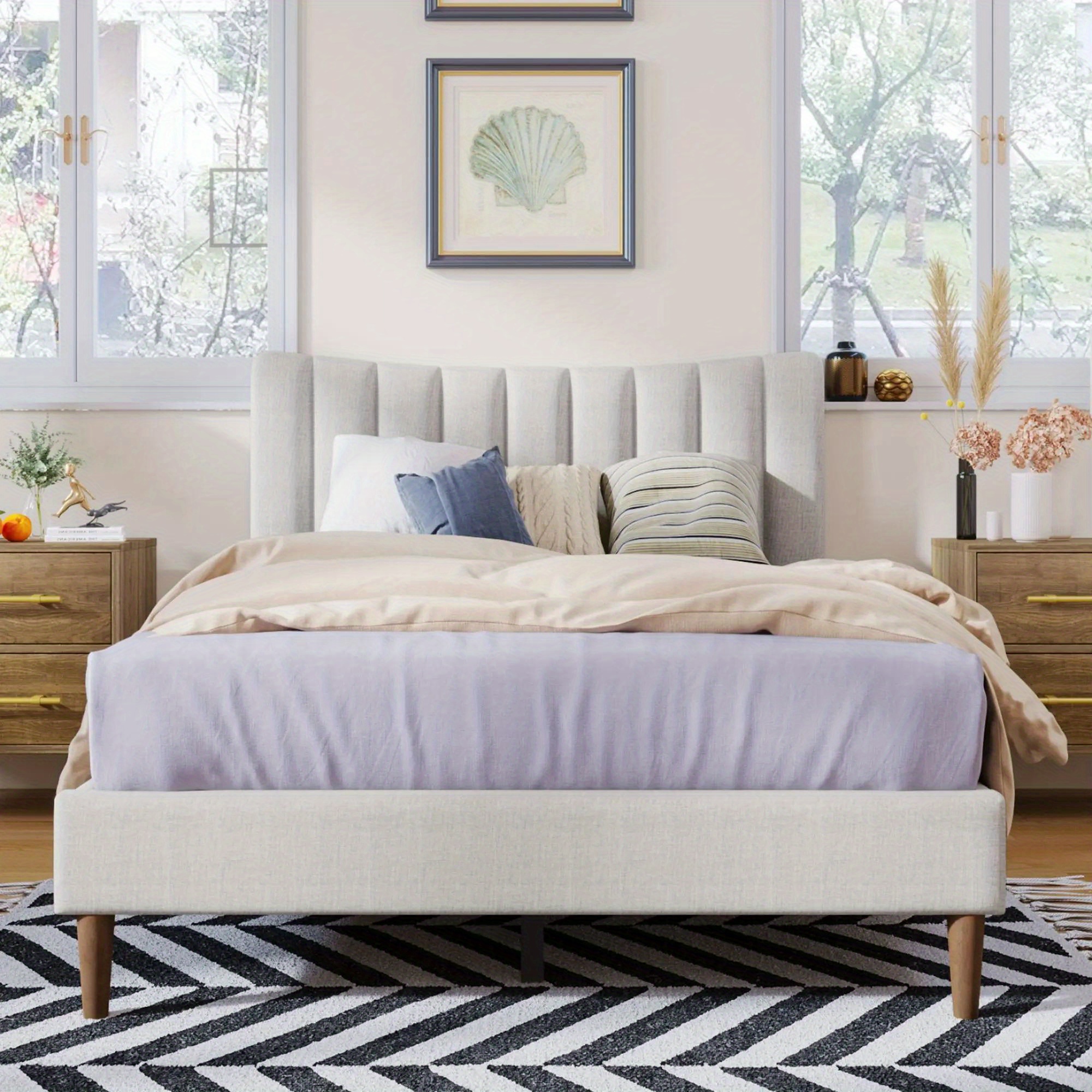 

1pc Upholstered Platform Bed Frame With Vertical Channel Tufted Headboard, No Box Spring Needed