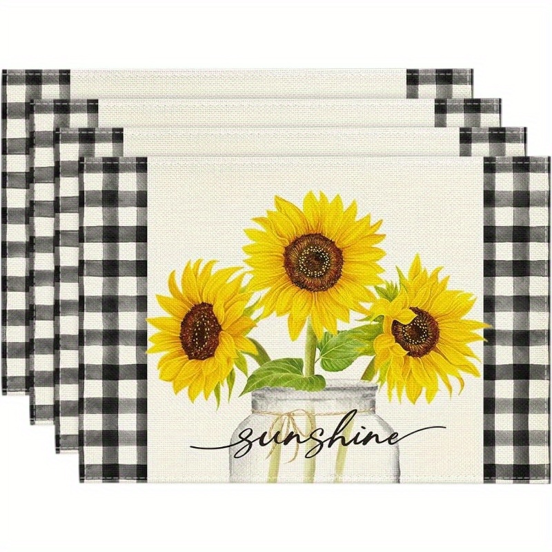 

4pcs Placemats, Buffalo Plaid Sunflower Sunshine Vase Summer Placemats, Spring Table Mats For Party, Kitchen Dining Decoration, For Home Dinning Room And Restaurant, Home Supplies