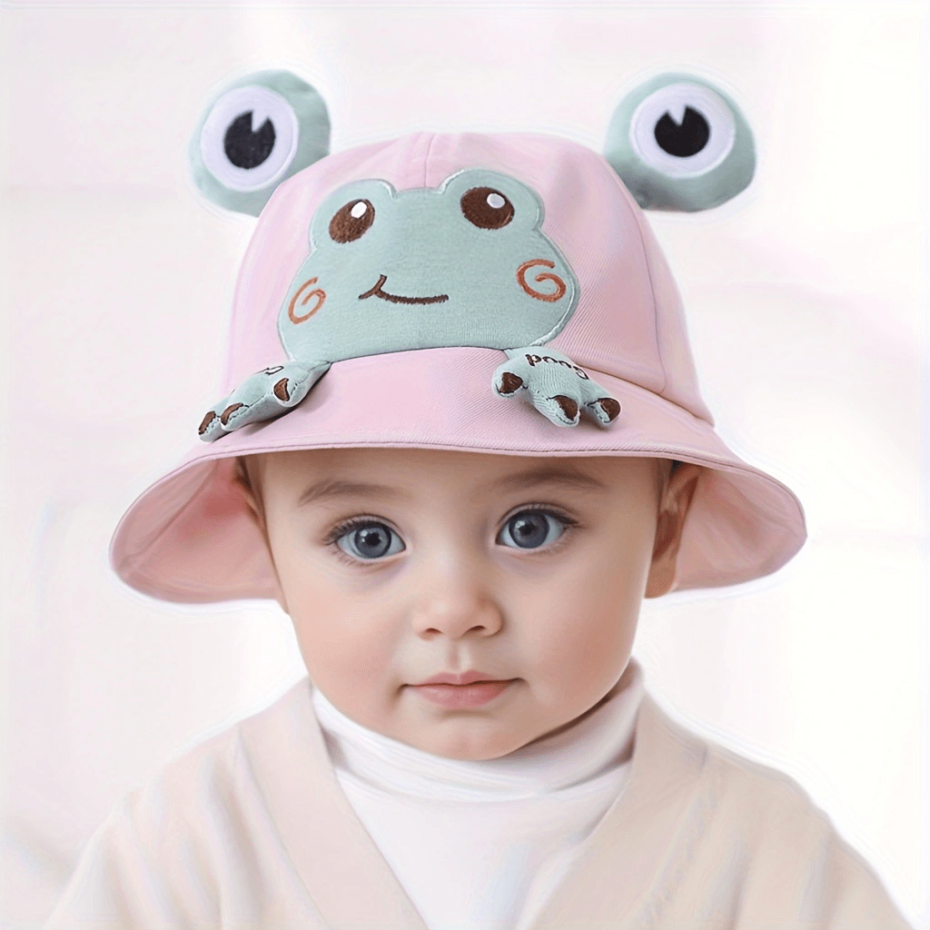 

Cute Frog Cartoon Embroidery Outdoor Uv Protection Sun Hat, Windproof Cotton Solid Color Hat, For Boys Girls