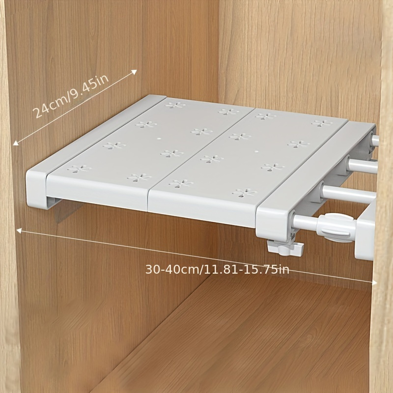 1pc adjustable telescopic kitchen   saving wall mounted storage rack for closet wardrobe organization   plastic ideal for spices and cookware details 3