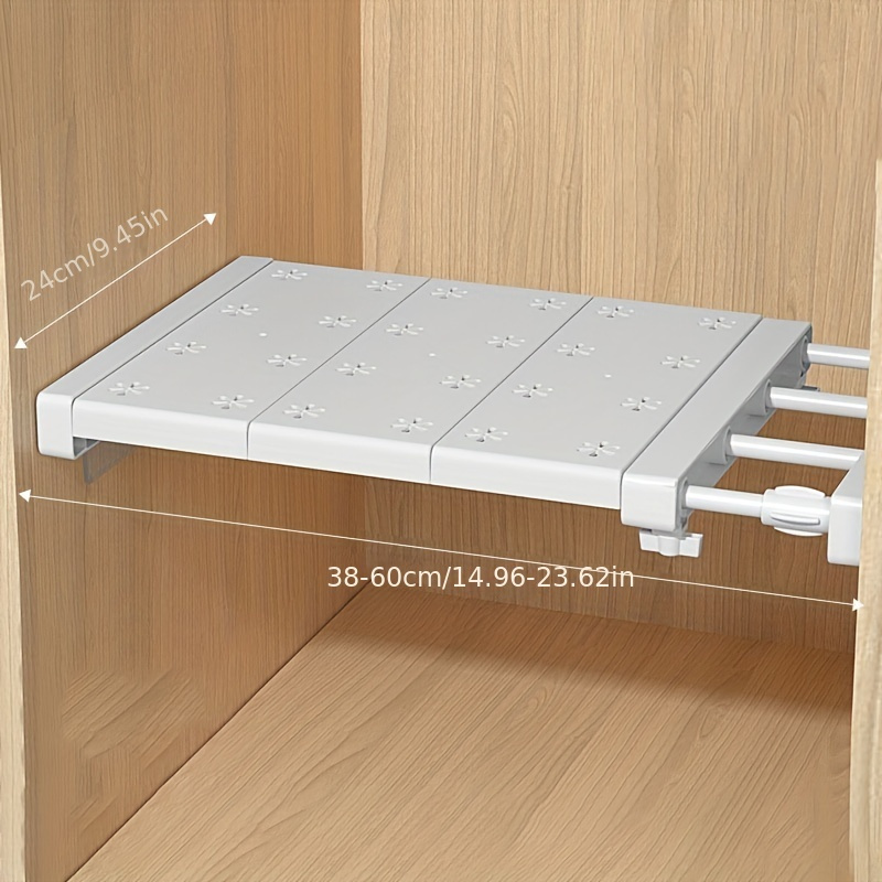 1pc adjustable telescopic kitchen   saving wall mounted storage rack for closet wardrobe organization   plastic ideal for spices and cookware details 4