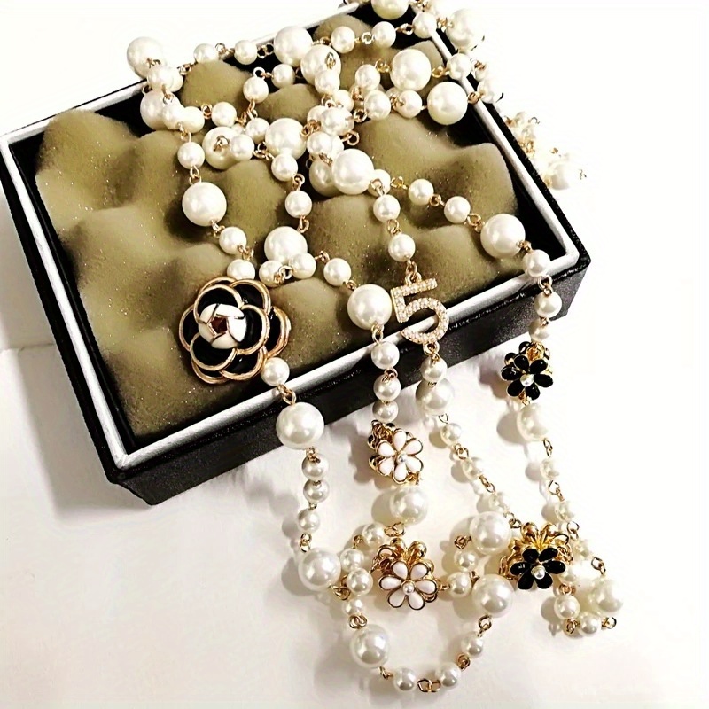 french court style   pearl necklace korean style flower beaded sweater chain long style with   double layer pendant necklace jewelry details 1