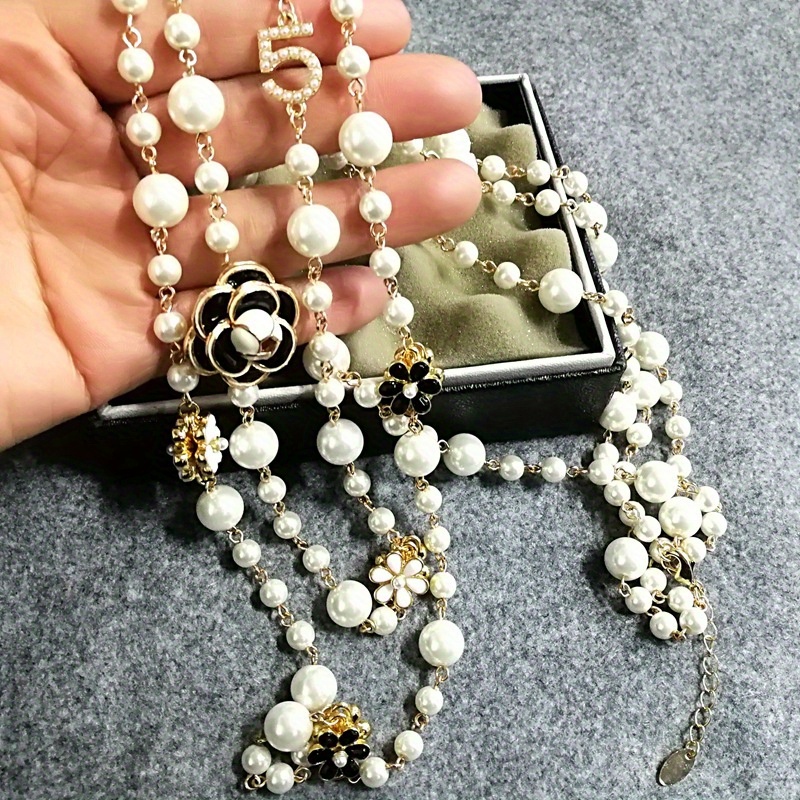 french court style   pearl necklace korean style flower beaded sweater chain long style with   double layer pendant necklace jewelry details 2