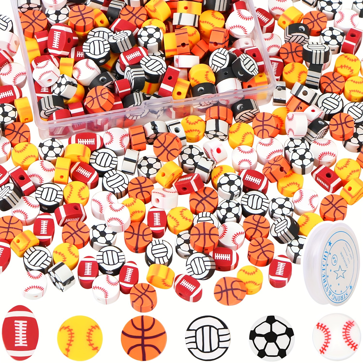 

100pcs Sports-themed Polymer Clay Beads Set - Baseball, Basketball, Soccer, Volleyball, Softball & For Making - Includes Storage Box