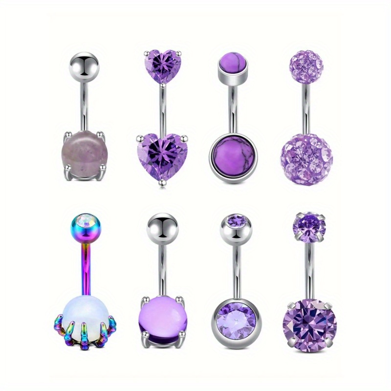 

8 Pcs Set Of Exquisite Purple Zirconia Inlaid Belly Rings Elegant Punk Style Personality Female Piercing Jewelry