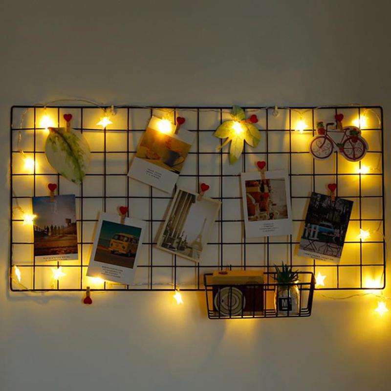 

Metal Grid Wall Photo Holder With Clips And Led Fairy Lights, Decorative Picture Display Organizer, Multi-purpose Memo Board For Home Decor