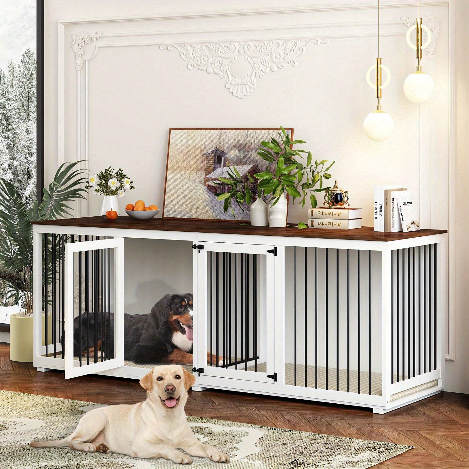 

Extra Large Dog Crate Furniture, 94.5" Heavy Duty Dog Kennel With A Removable Divider, Indoor Furniture Style Dog Crate House Tv Stand With Double Rooms For Large Medium Breed Dogs