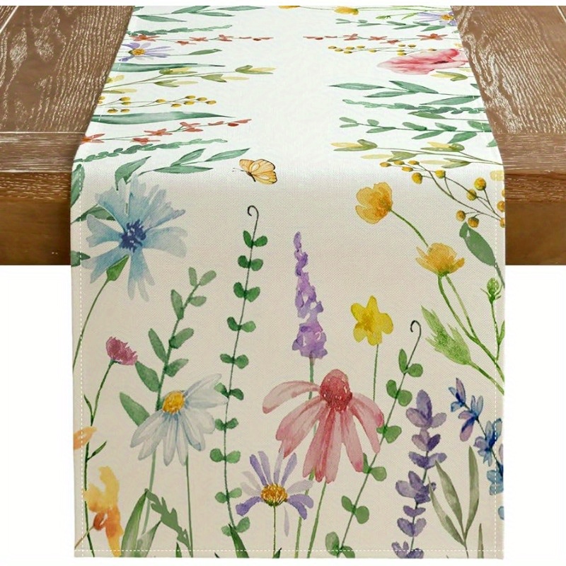 

1pc, Table Runner, Spring Watercolor Wild Flower Printed Table Runner, Linen Fade Resistant Rustic Farmhouse Style Table Runner, Indoor & Outdoor Dinner Party Decor