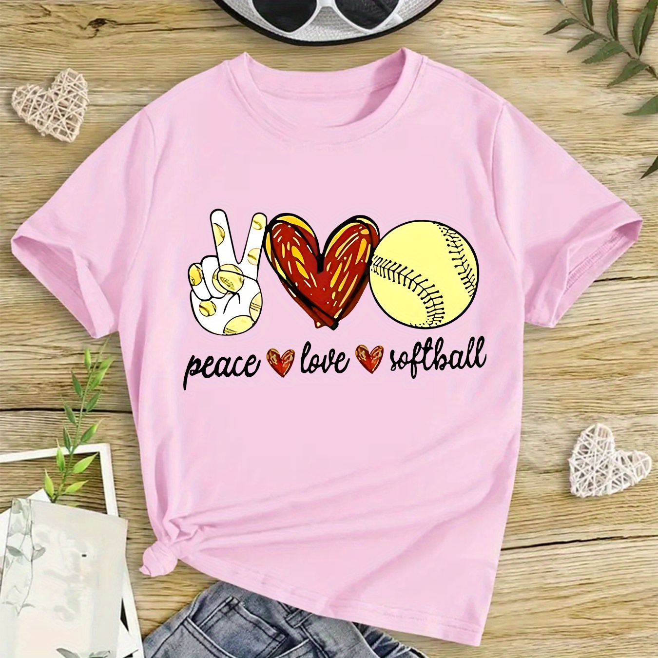 

Girls' Casual Cotton Knitted Round Neck T-shirt, "peace Love Softball" Soft & Elastic Graphic Tee, Short Sleeve, Breathable Sports Top For Summer