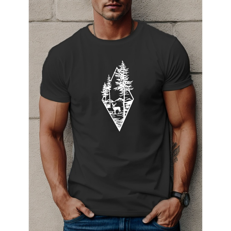 

Deer In The Woods Print Tee Shirt, Tees For Men, Casual Short Sleeve T-shirt For Summer