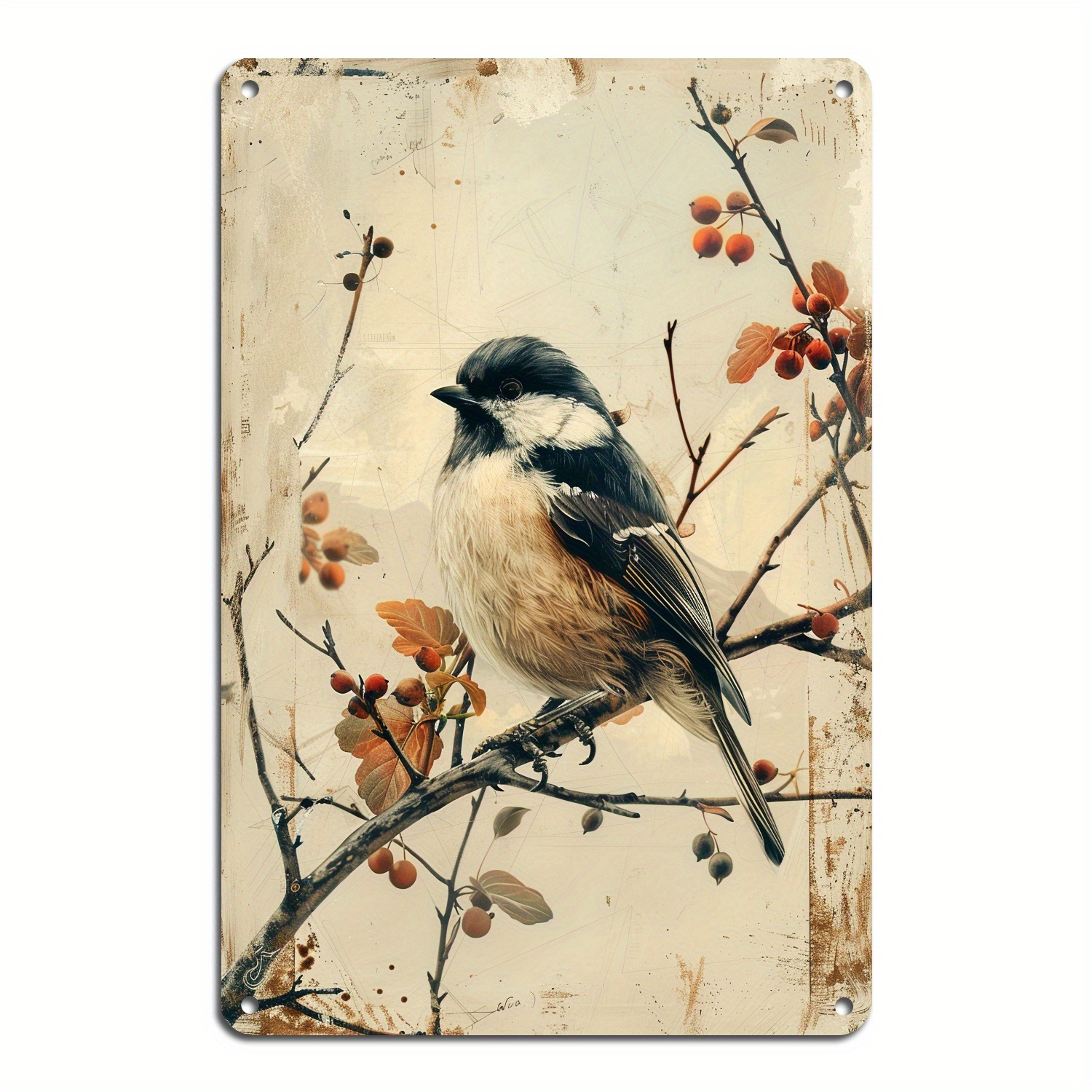 

1pc 8x12in/20*30cm Watercolor Bird Branch Metal Tin Sign, Cute Vintage Wall Hanging Plaque, For Home Restaurant Bathroom Garage Office Bakery Decor