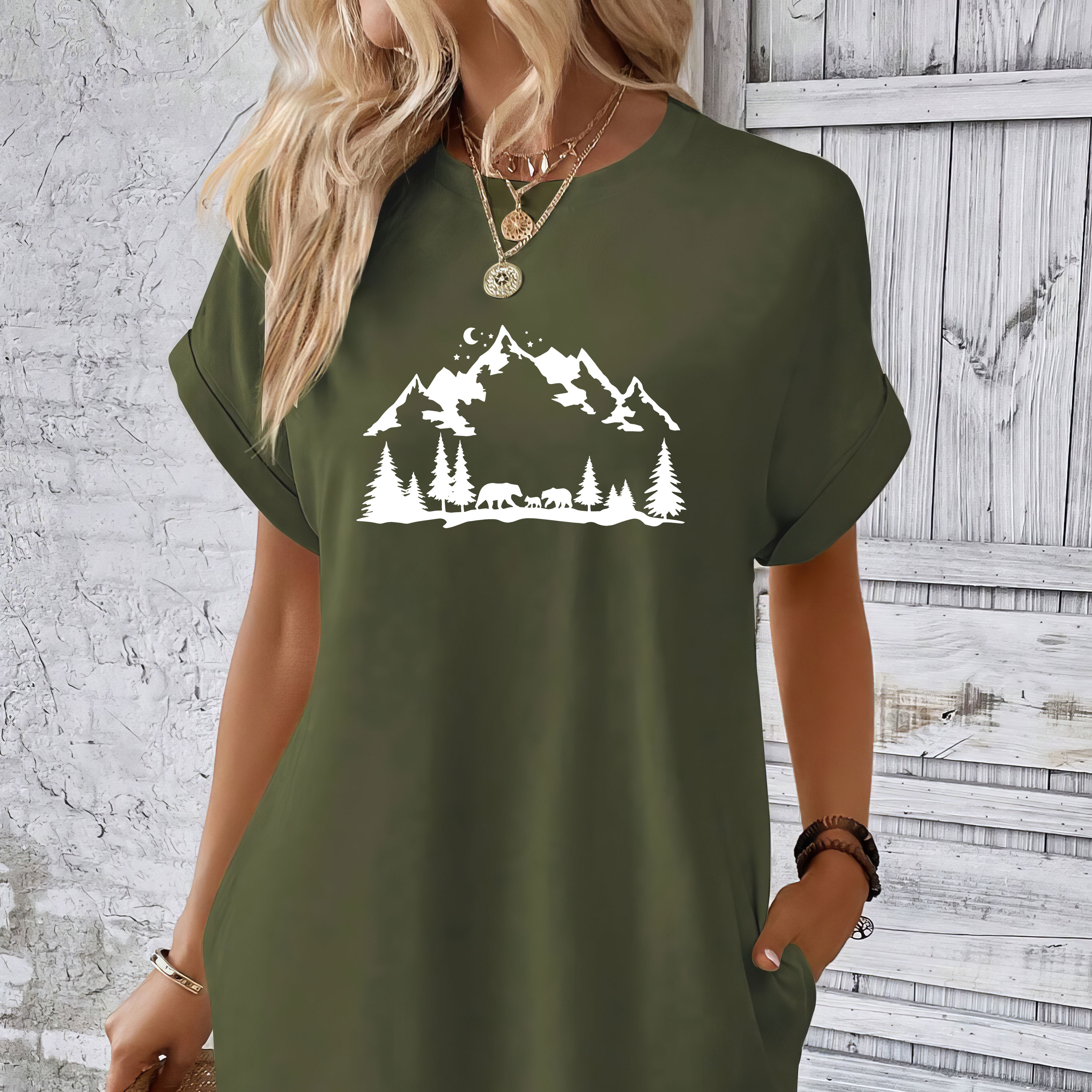 

Mountains Print Pockets Tee Dress, Short Sleeve Crew Neck Casual Dress For Summer & Spring, Women's Clothing