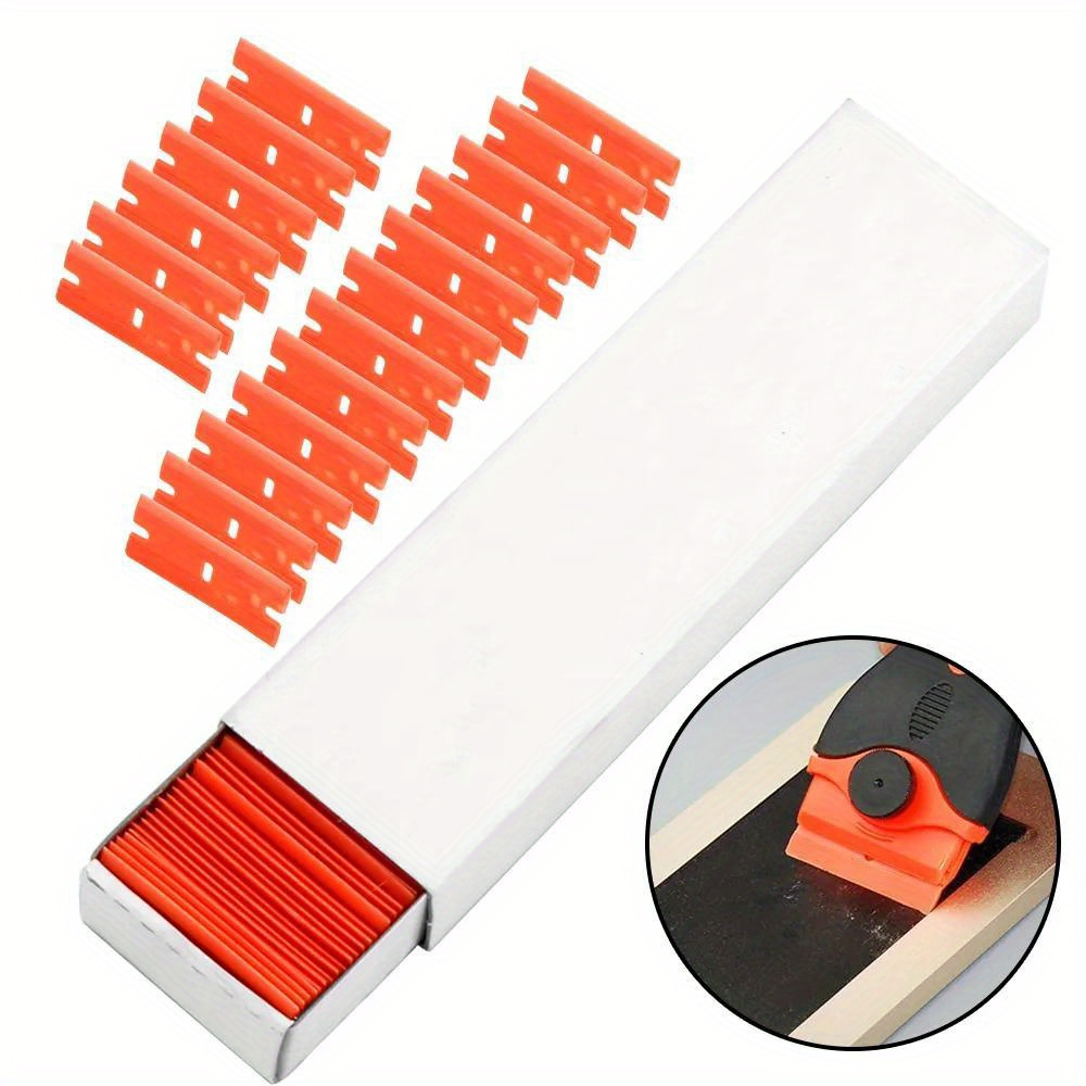 

100pcs Orange Plastic Blades For Label & Glue Removal, Window Cleaning - Tool For Vinyl Decals, Car Wraps & More, Scraper