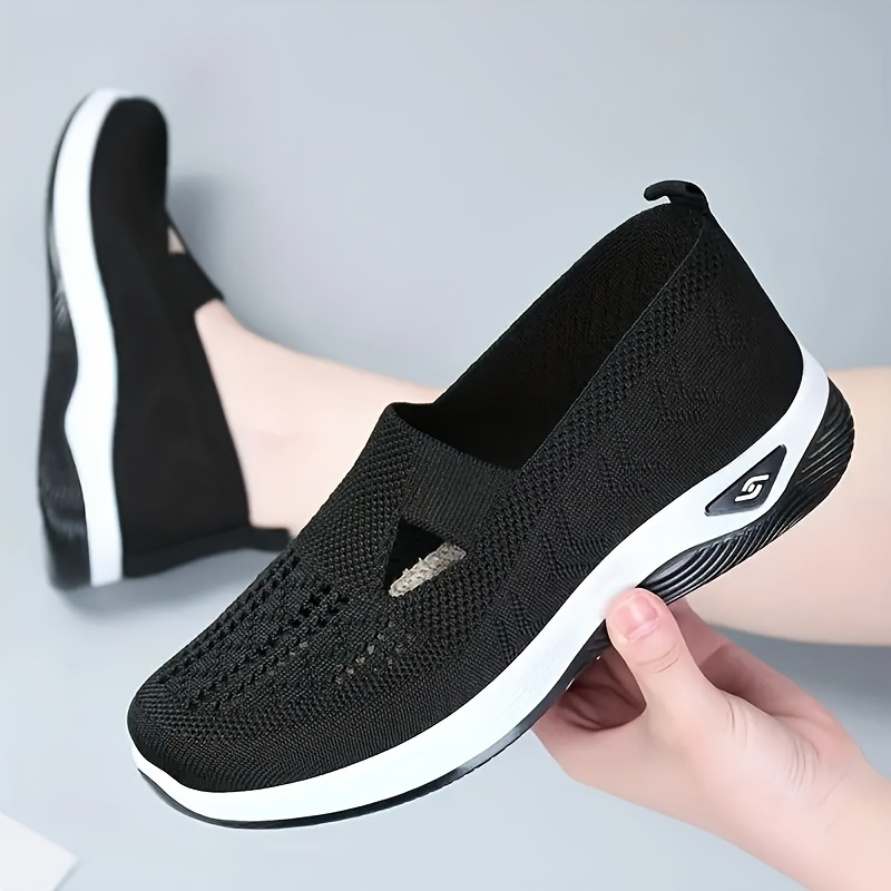 

Women's Solid Color Knitted Flats, Soft Sole Platform Slip On Breathable Shoes, Low-top Walking & Fitness Shoes