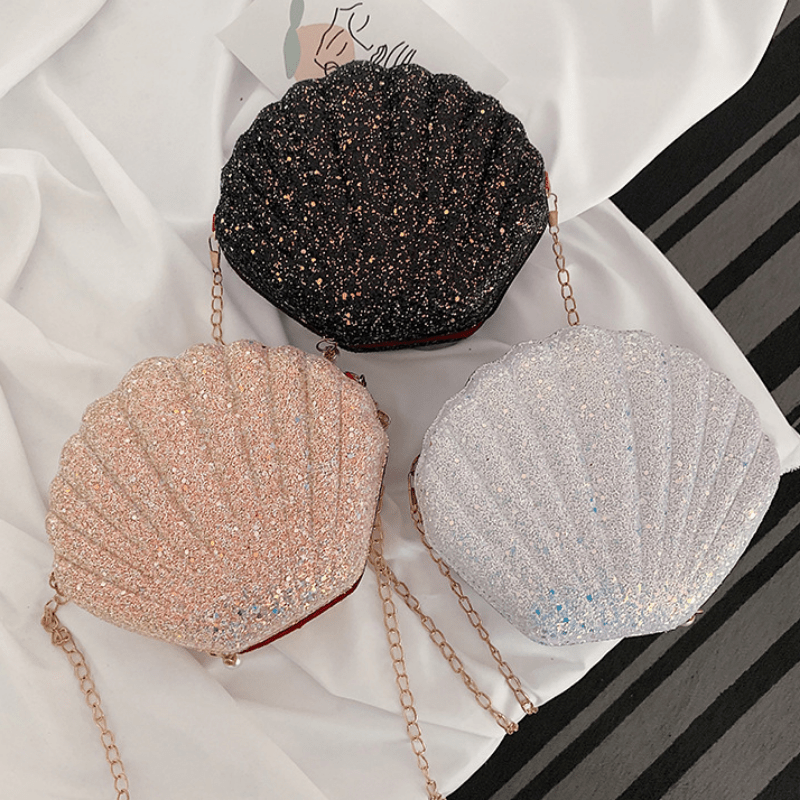 

Glitter Seashell Crossbody Bag, Mini Sparkling Mermaid Fashion Shoulder Purse, Clutch With Chain Strap, Elegant Evening Handbag For Women