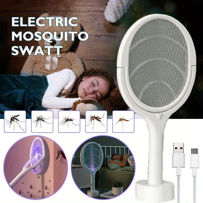

1pc, Electric Fly Swatter Racket, Smart Bug Zapper With Usb Rechargeable Base, Powerful Mosquitoes Trap Lamp & Fly Killer With 3-layer Safety Mesh For Home, Bedroom, Kitchen, Patio