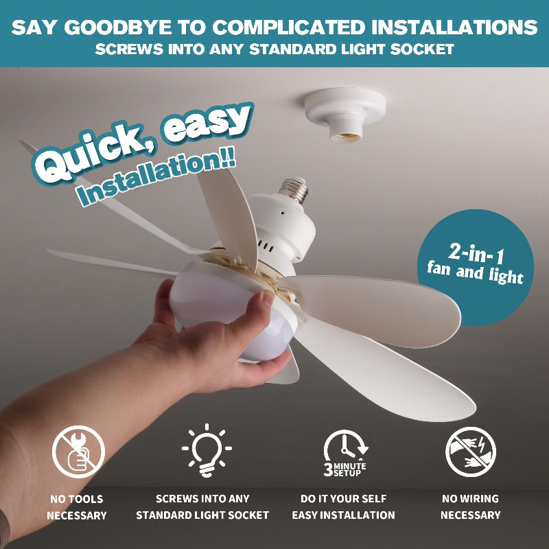 1pc Ceiling Fans With Lights And Remote LED Bulb Ceiling Fan Replacement Fixture Screw Socket Fan E26 E27 Base For Home Bedroom Living Room Kitchen Balcony