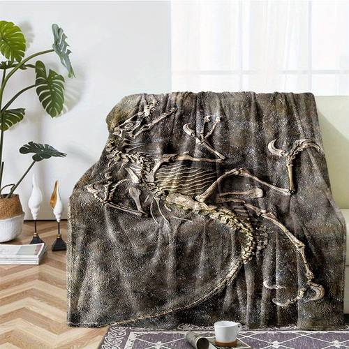 1pc Fossil Dinosaurs Pattern Flannel Blanket Car Interior Blanket For All Seasons, Cozy Warm Soft Blanket For Sofa, Bed, Travel, Camping, Living Room, Office, Couch, Chair