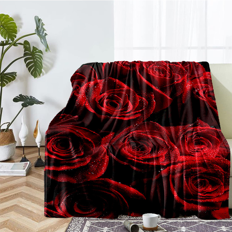 

1pc Red Flowers Flannel Blanket Car Interior Blanket For All Seasons, Cozy Warm Soft Blanket For Sofa, Bed, Travel, Camping, Living Room, Office, Couch, Chair