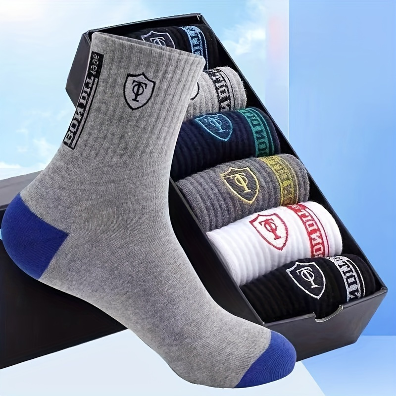 

6 Pairs Men's Cotton Breathable Sweat-absorbing Mid Calf Crew Socks, Mixed Random Colors