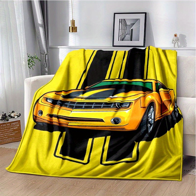 

Cute Yellow Race Car Pattern Blanket, 4 Seasons Universal Car Napping Blanket Flannel Blanket Car Blanket