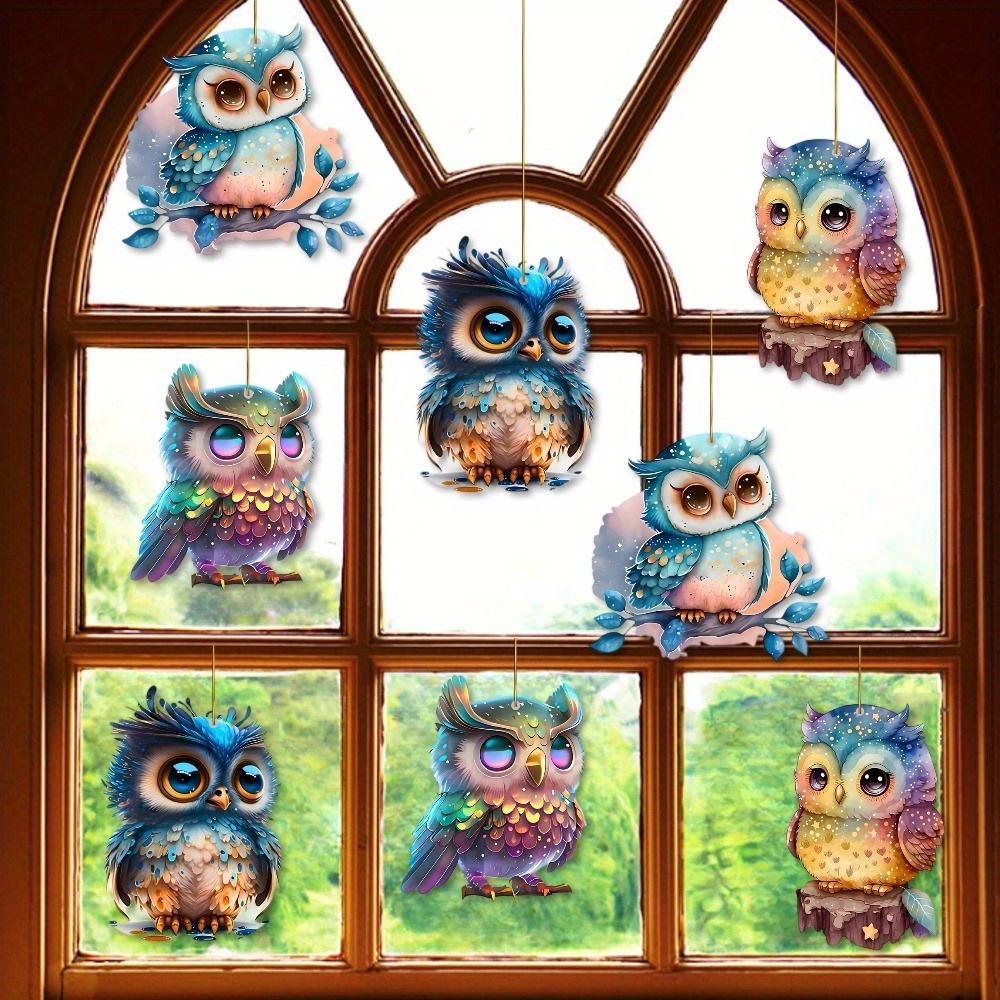 

8pcs/1set Colorful Owl Hanging Decor Set, Windows Decoration, Birthday Decorations, Office Decorations, Party Pendants, Double-sided Color Printing, Flat Paper Products, 3d-like Patterns