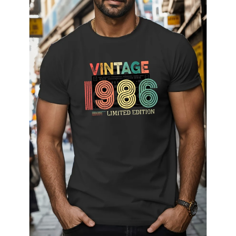 

Vintage 1986 Print Short Sleeve Tees For Men, Casual Crew Neck T-shirt, Comfortable Breathable T-shirt