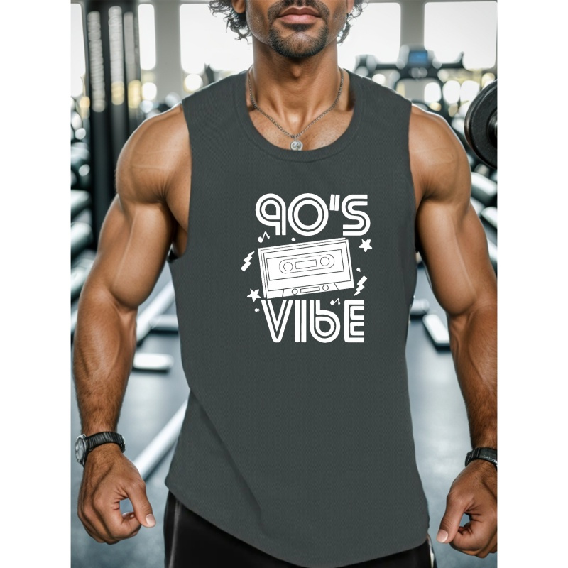 

90's Vibe Print Men's Summer Quick Dry Moisture-wicking Breathable Tank Tops Athletic Gym Bodybuilding Sports Sleeveless Shirts, For Workout Running Training Men's Clothes